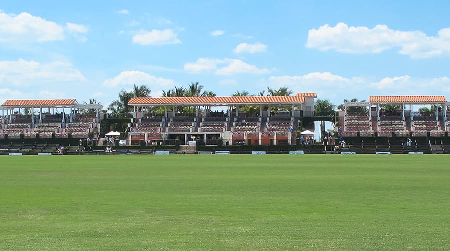 Covered grandstands beside the polo field at the International Polo Club Palm Beach, now the National Polo Center, in Wellington